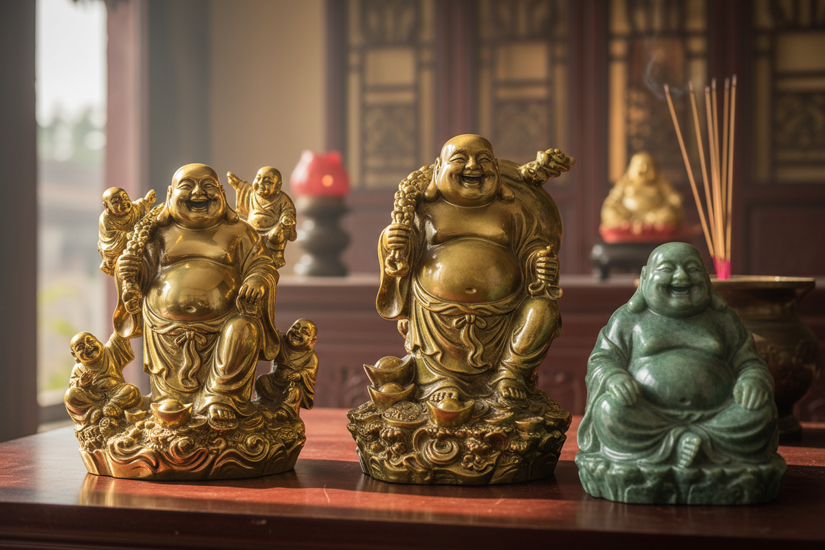 Laughing Buddha statue collection — brass and jade Budai with children, gold ingots and sack | Moksha Craft