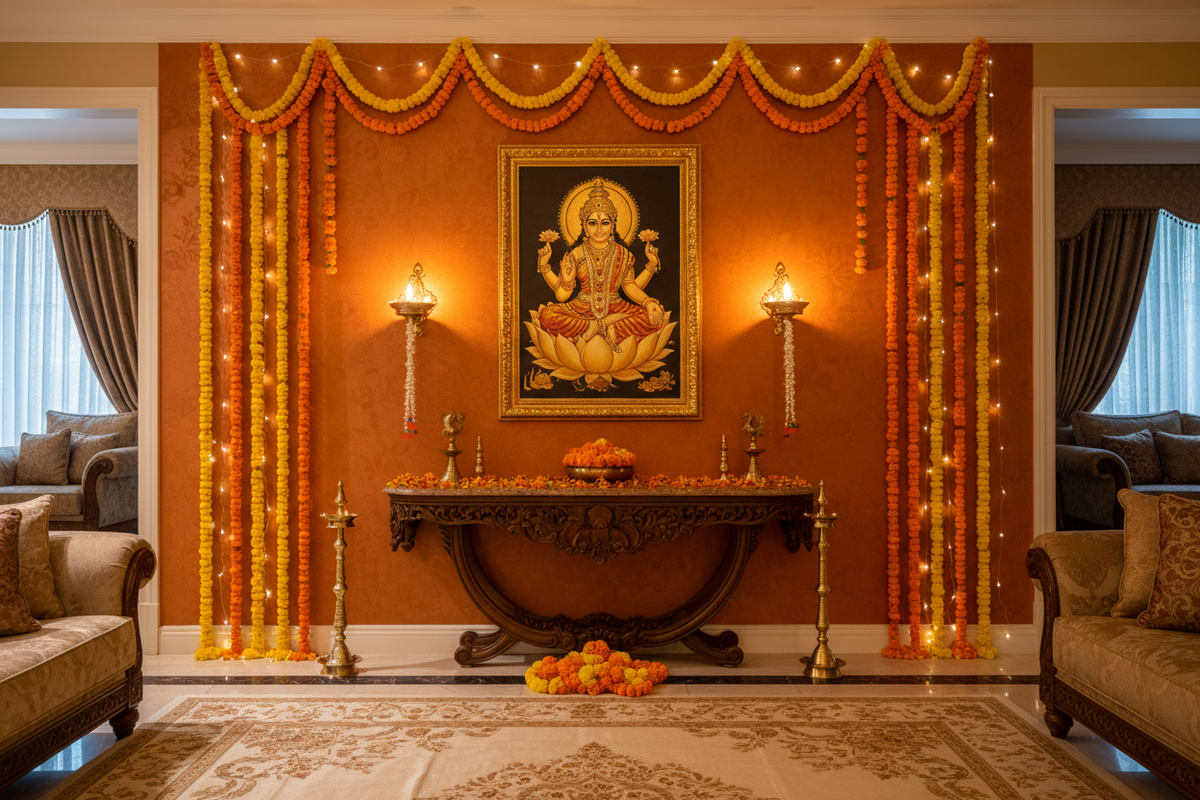 Diwali living room feature wall with large 24K gold foil Lakshmi painting, symmetrical diyas and marigold garlands