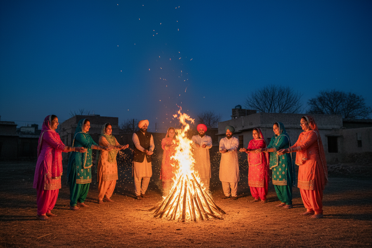 Lohri festival bonfire — Punjabi family dancing around fire with traditional offerings | Moksha Craft