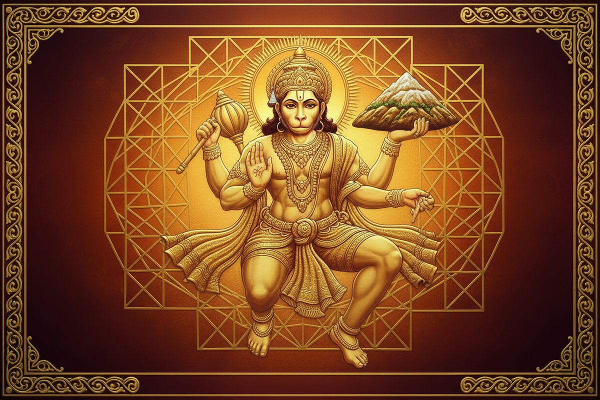 Lord Hanuman in 24K gold sacred art — powerful Hindu deity carrying Sanjeevani mountain | Moksha Craft