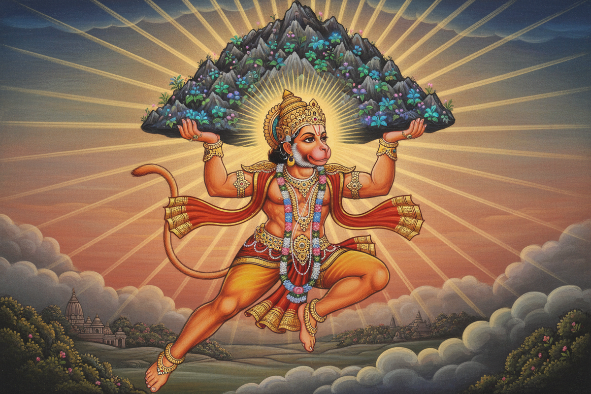 Lord Hanuman — heroic warrior carrying Dronagiri mountain with divine herbs | Moksha Craft
