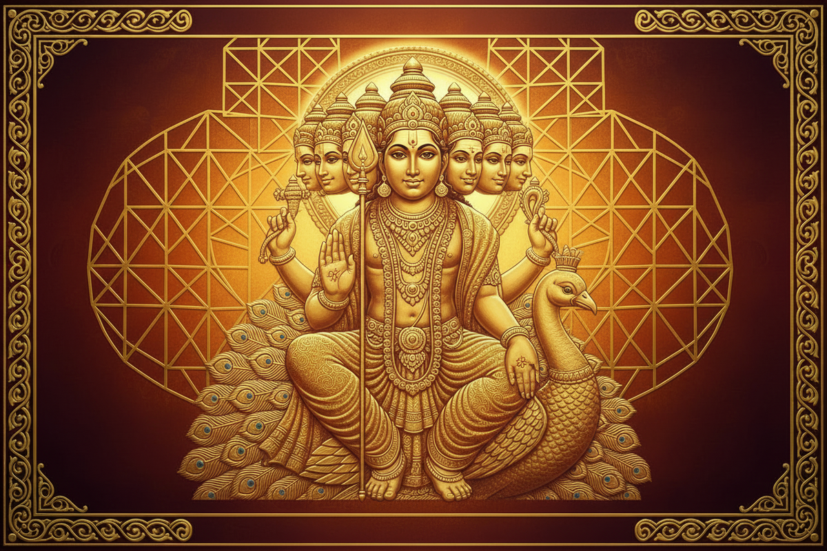 Lord Kartikeya Murugan in 24K gold sacred art — seated on peacock with vel spear | Moksha Craft