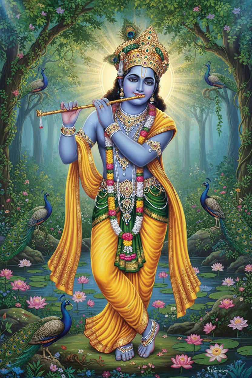 Lord Krishna standing in tribhanga posture playing his flute, dark blue complexion, peacock feather crown, yellow silk dhoti, gold jewelry, sacred forest of Vrindavan background with divine golden-blue light