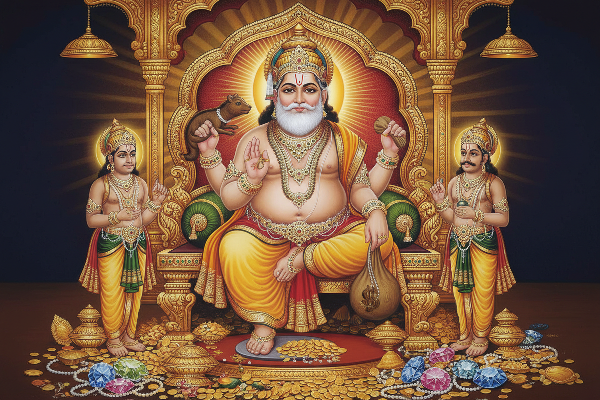 Lord Kubera — god of wealth seated on throne with mongoose and gold coins | Moksha Craft