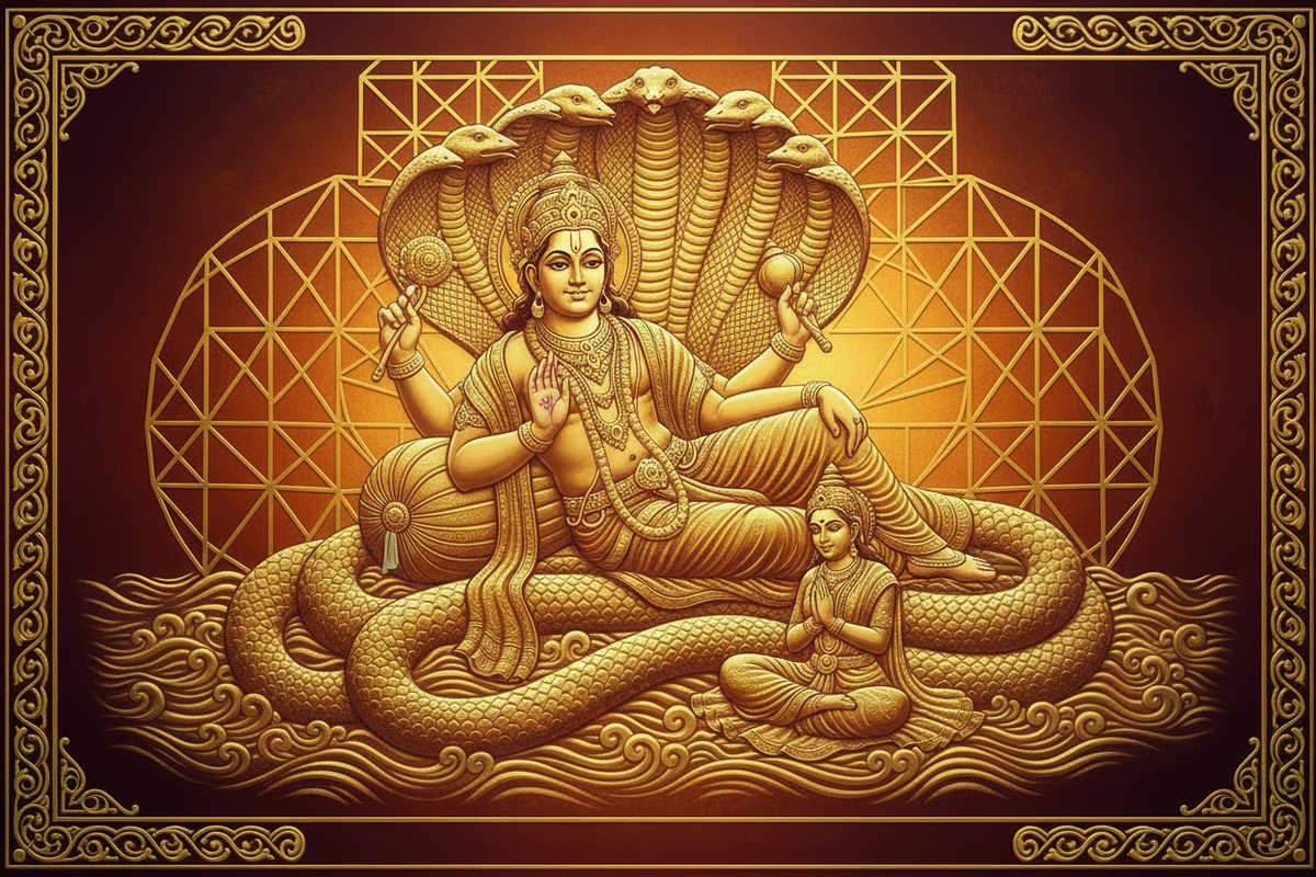 Lord Vishnu in 24K gold sacred art — reclining on Shesha serpent with Lakshmi | Moksha Craft