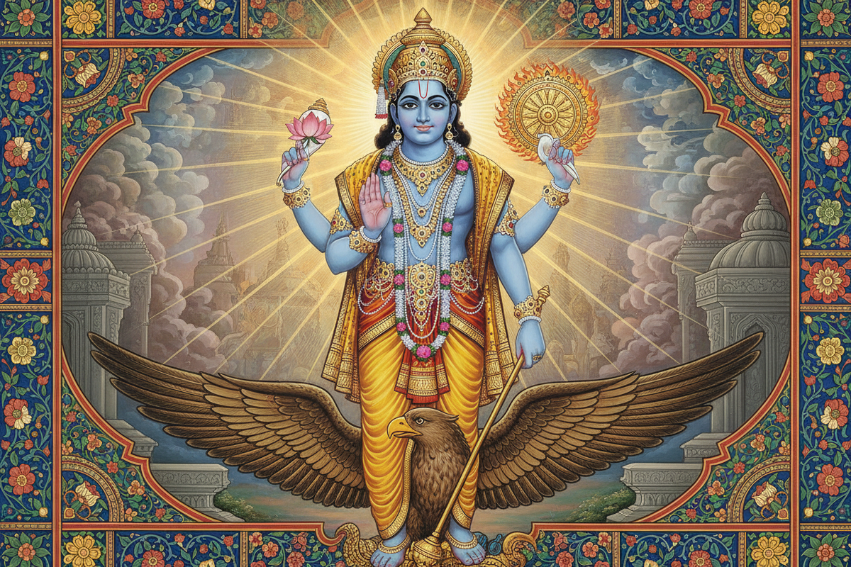 Lord Vishnu — heroic form with four arms, Sudarshana Chakra and Garuda vehicle | Moksha Craft