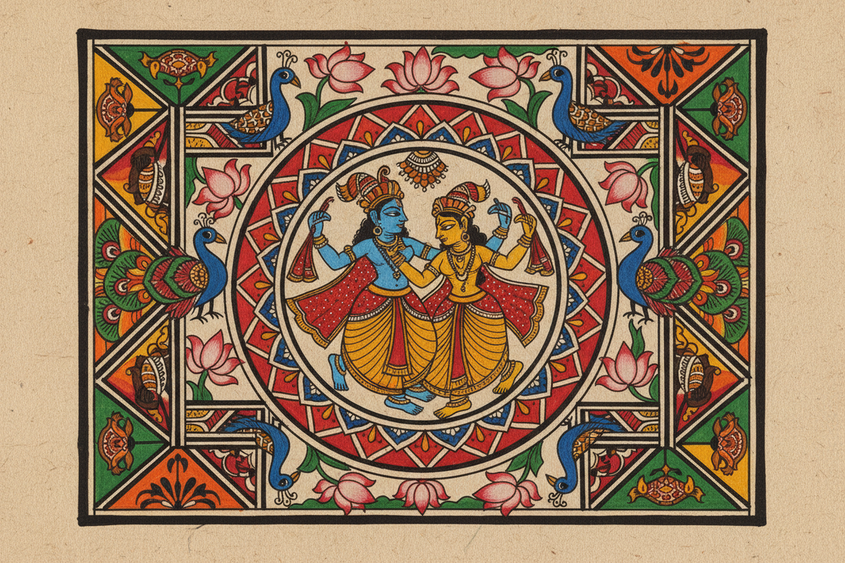Madhubani painting — traditional Bihar folk art with Krishna Raas Lila and geometric patterns | Moksha Craft