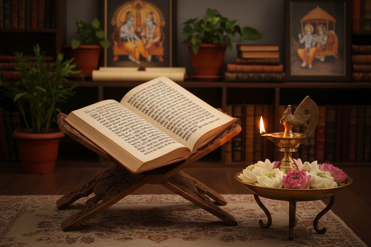 Mahabharata sacred text at home — ornate book on reading stand with ghee lamp | Moksha Craft