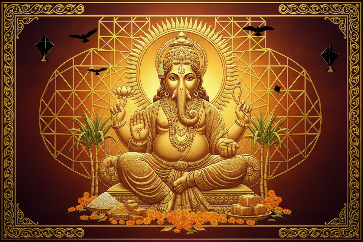 Makar Sankranti festival — Surya the Sun God with kites and sacred offerings in 24K gold art | Moksha Craft