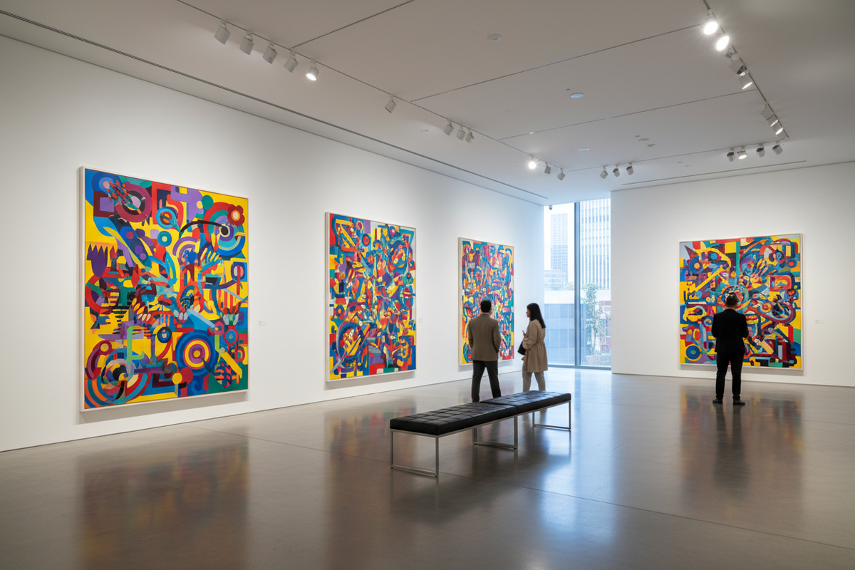 Modern art gallery interior — colorful abstract paintings in contemporary exhibition space | Moksha Craft