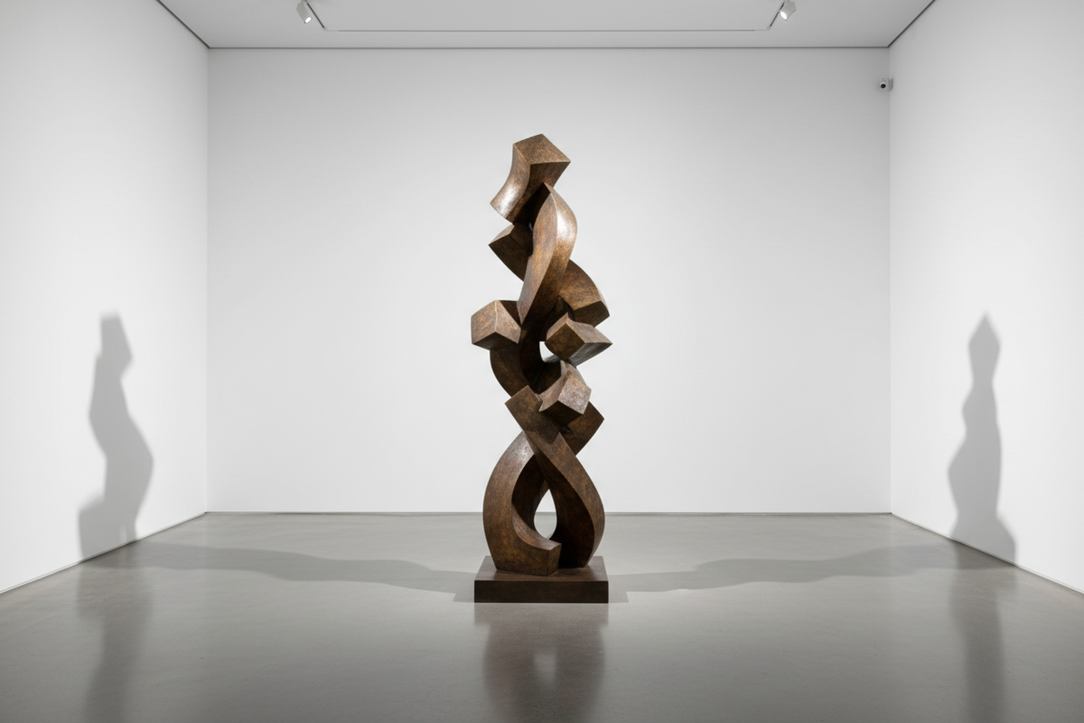 Modern Indian art sculpture in contemporary gallery — abstract bronze sculpture with dramatic lighting | Moksha Craft