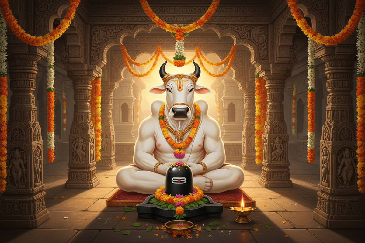 Nandi bull sacred significance — white Nandi seated before Shiva Lingam in temple | Moksha Craft