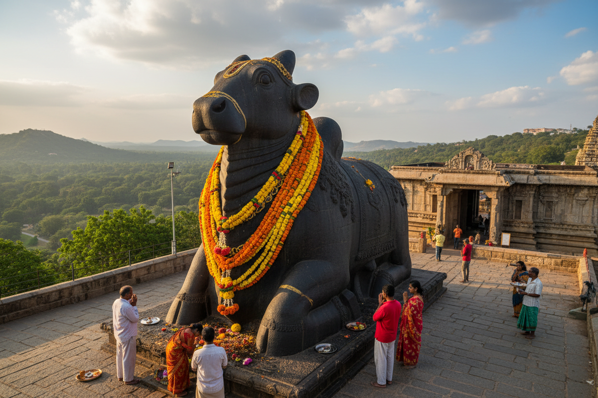 Nandi statue on Chamundi Hills Mysore — monolithic black stone bull with marigold garlands | Moksha Craft