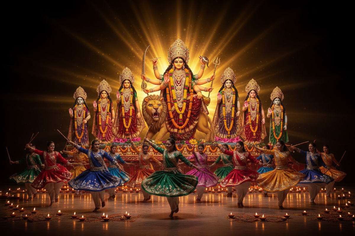 Navratri 2026 — Goddess Durga festival celebration with dancers, diyas and marigold garlands