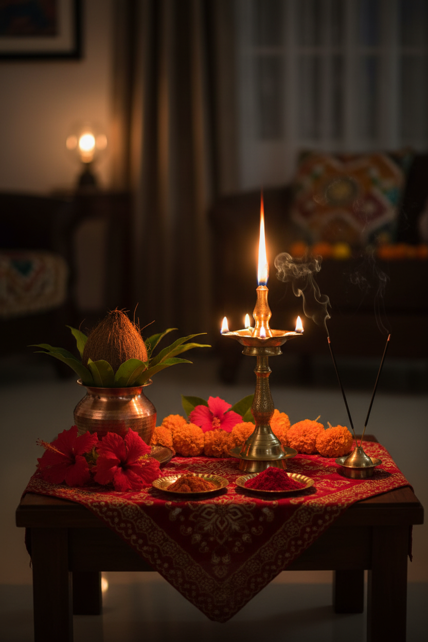 Navratri home altar at night with Durga 24K gold foil painting, Akhand Jyot burning lamp, Kalash with mango leaves and coconut, red hibiscus and marigold flower offerings