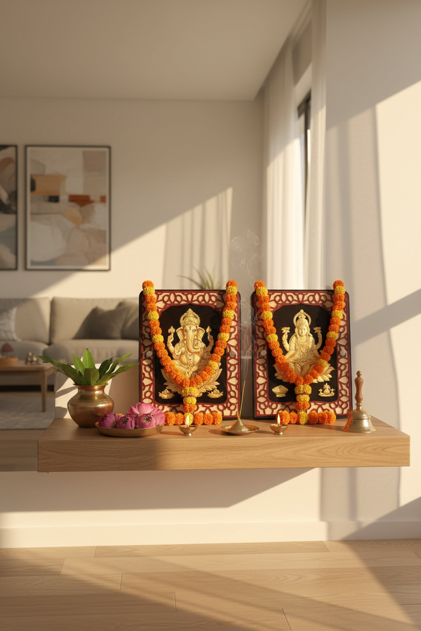 Vastu-compliant Hindu home mandir in the northeast corner: Ganesha and Lakshmi 24K gold foil paintings on altar shelf with brass Kalash, marigold flowers, lit oil diyas and incense in a modern living room