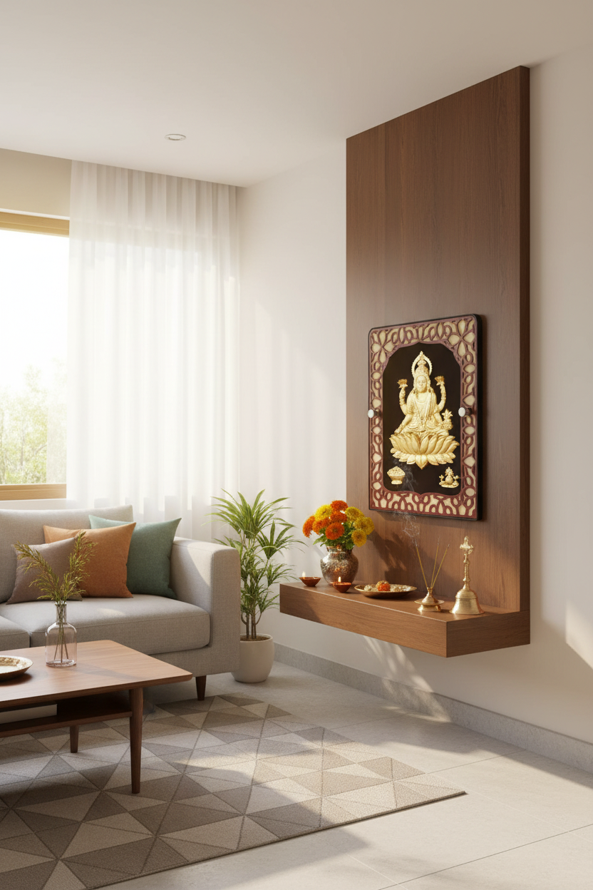 Northeast corner home mandir in modern living room: Lakshmi 24K gold foil painting in gold frame on altar shelf with brass Kalash, marigold flowers, two lit clay diyas and incense, morning sunlight from east window
