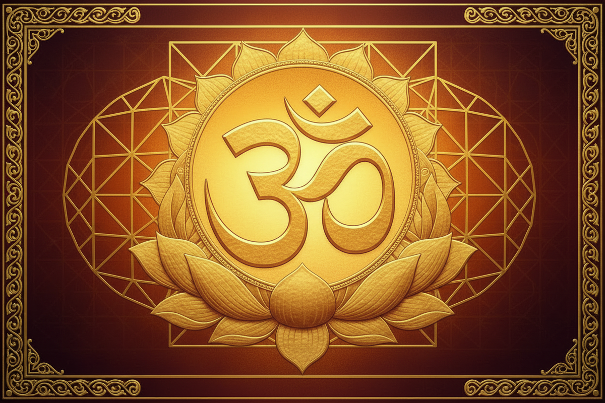 Sacred Om symbol in 24K gold art — Om Tat Sat the ancient Vedic formula for supreme truth | Moksha Craft