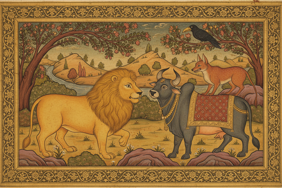 Panchatantra animal fables in traditional Indian miniature painting style — ancient wisdom stories | Moksha Craft