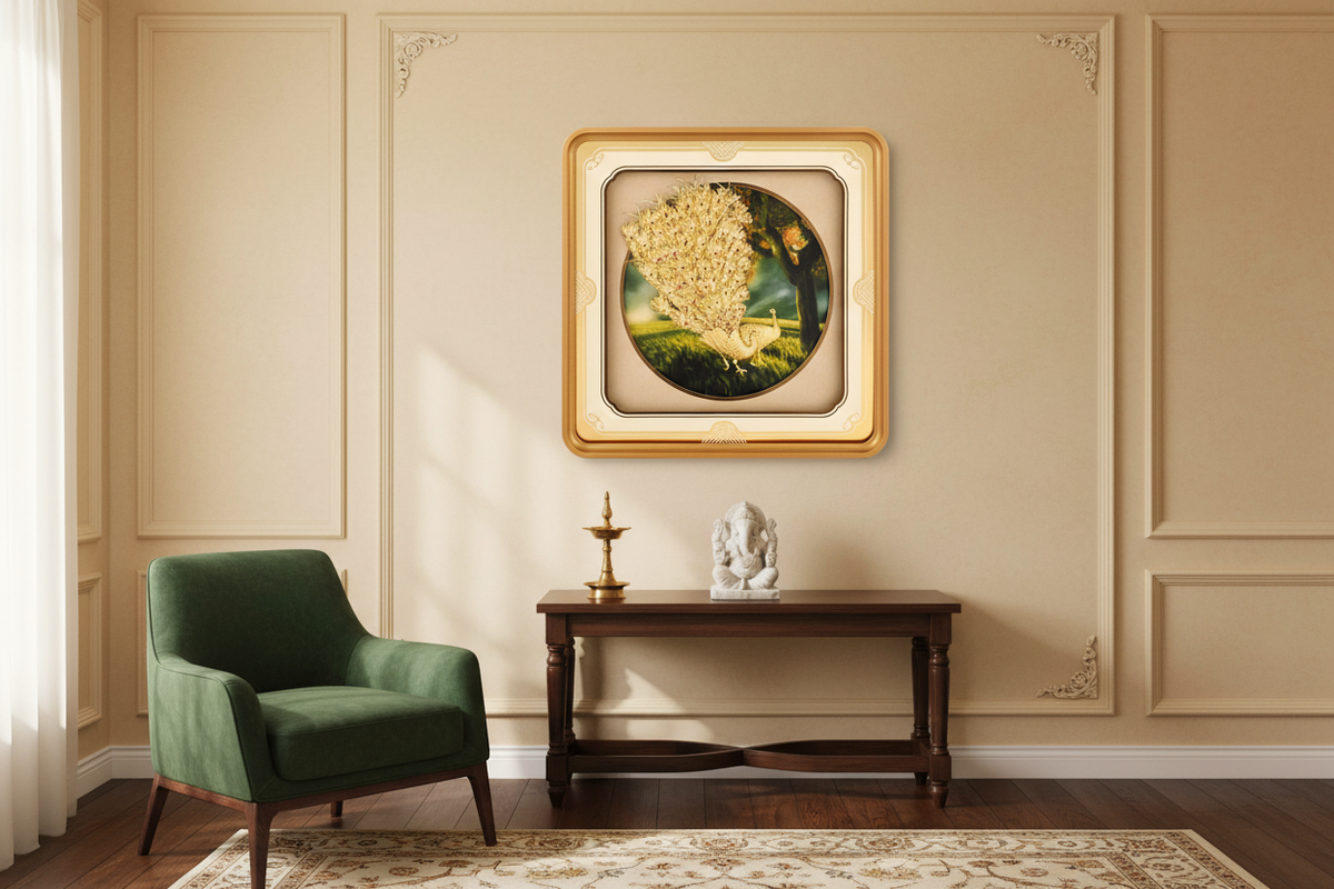 24K gold foil peacock painting displayed as a statement piece on a warm-toned wall, luminous gold tail feathers catching ambient light