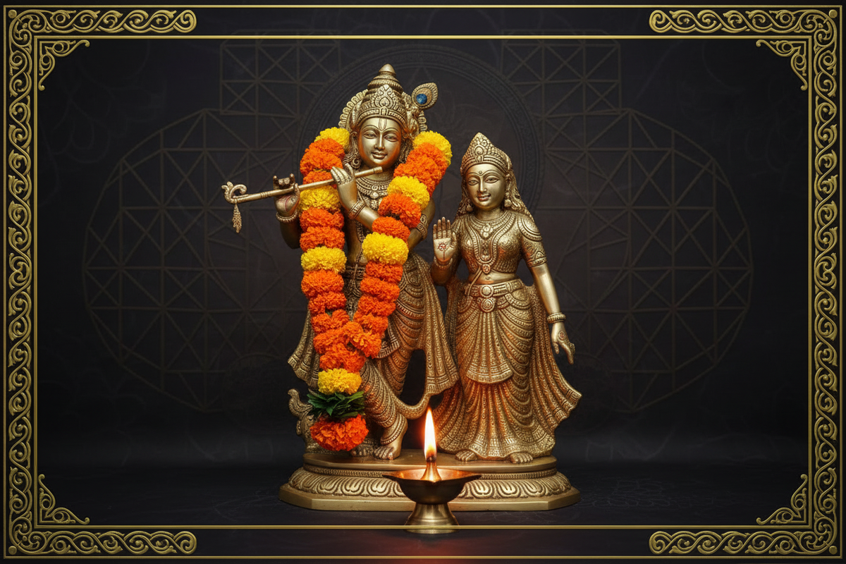 Radha-Krishna brass idol for home worship — Krishna playing flute with Radha | Moksha Craft