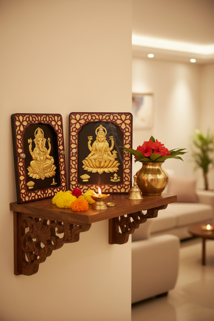 Complete Hindu home mandir altar in northeast corner: Ganesha and Lakshmi 24K gold foil paintings on wooden shelf with brass Kalash, red hibiscus and marigold flowers, lit ghee lamp, incense and brass bell