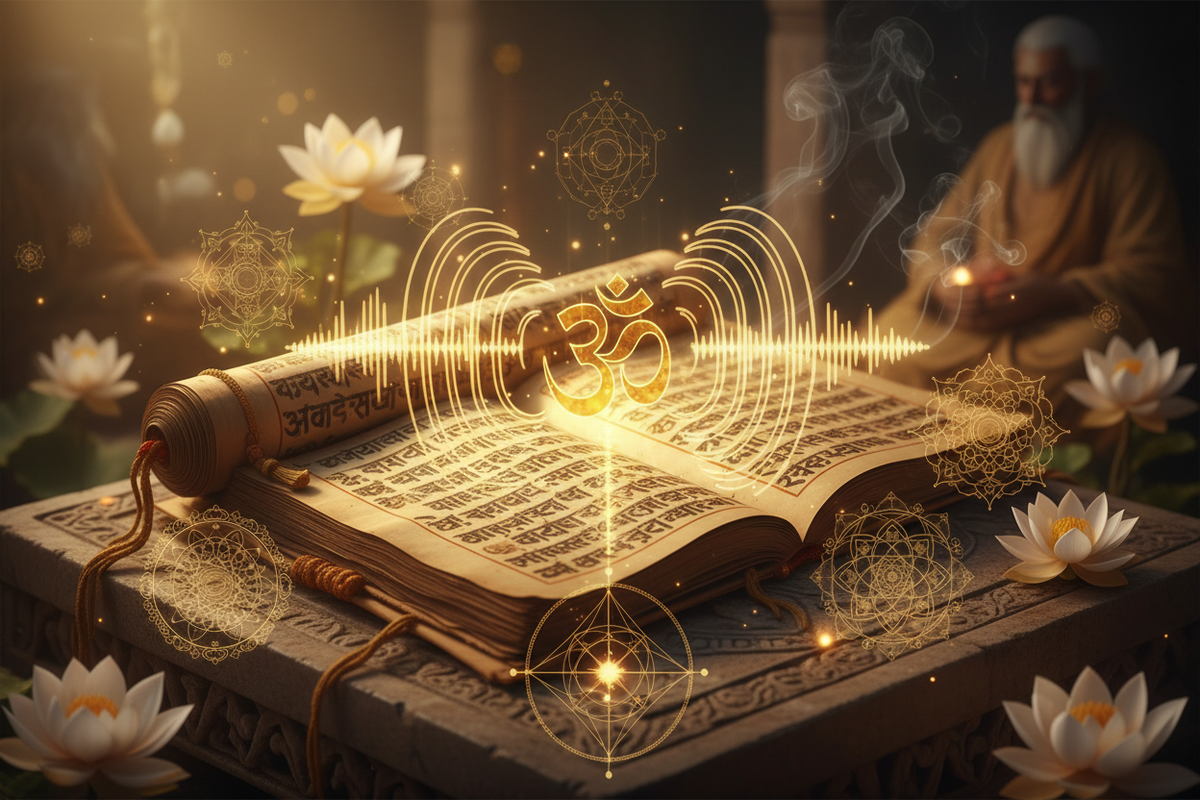Sanskrit sacred manuscript — Devanagari script with Om symbol in golden light | Moksha Craft