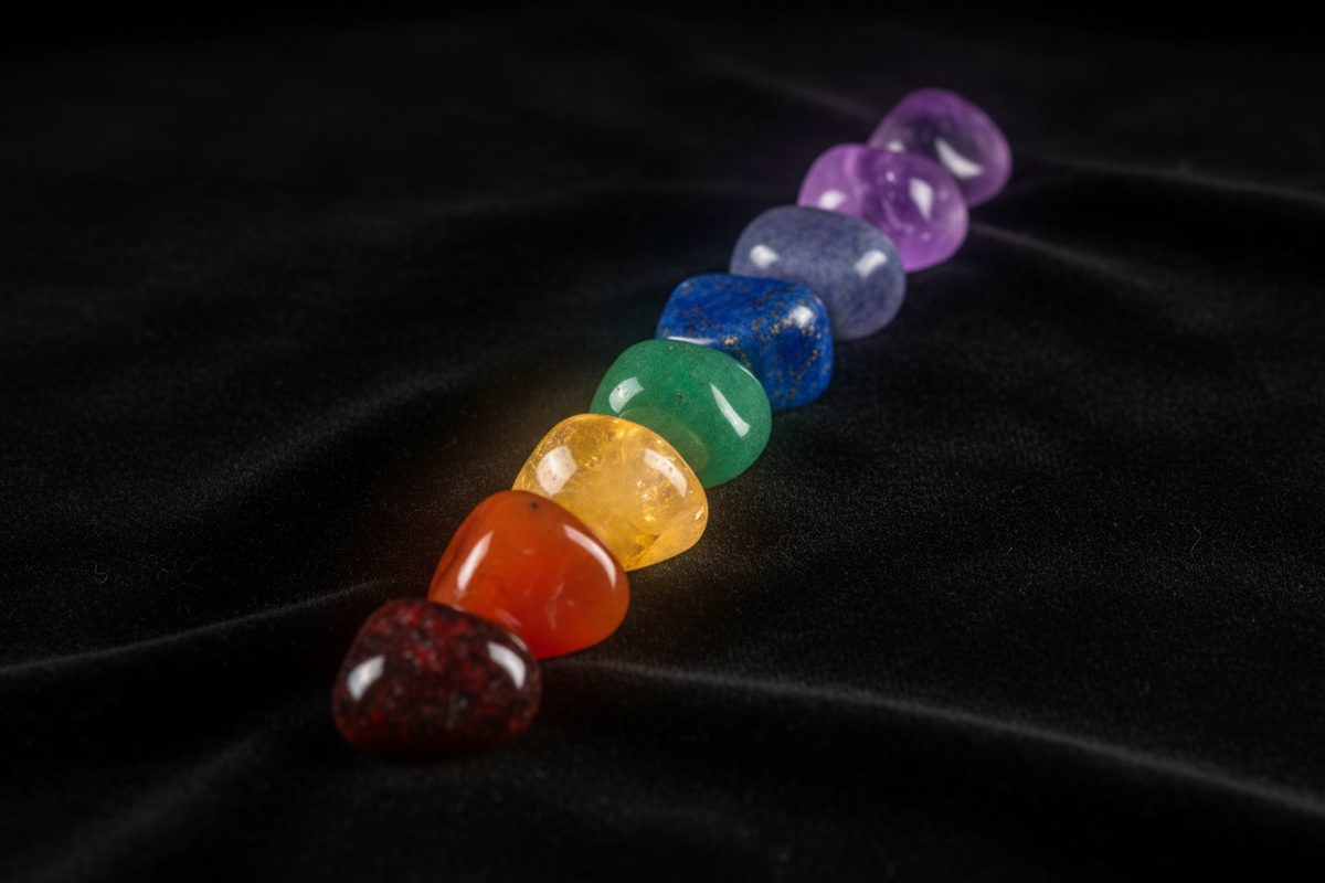 Seven chakra healing crystals arranged by color — garnet to amethyst | Moksha Craft