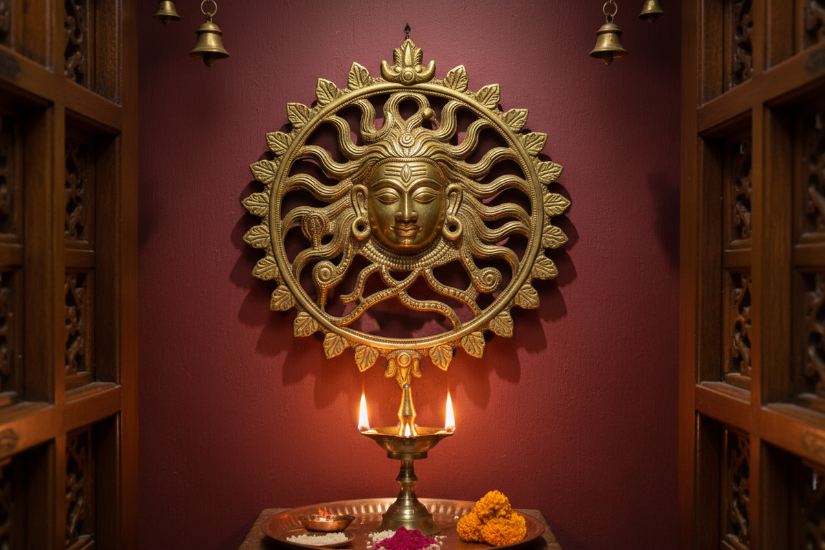 Lord Shiva brass wall hanging at a sacred home entrance with ghee lamp — Vastu decor | Moksha Craft