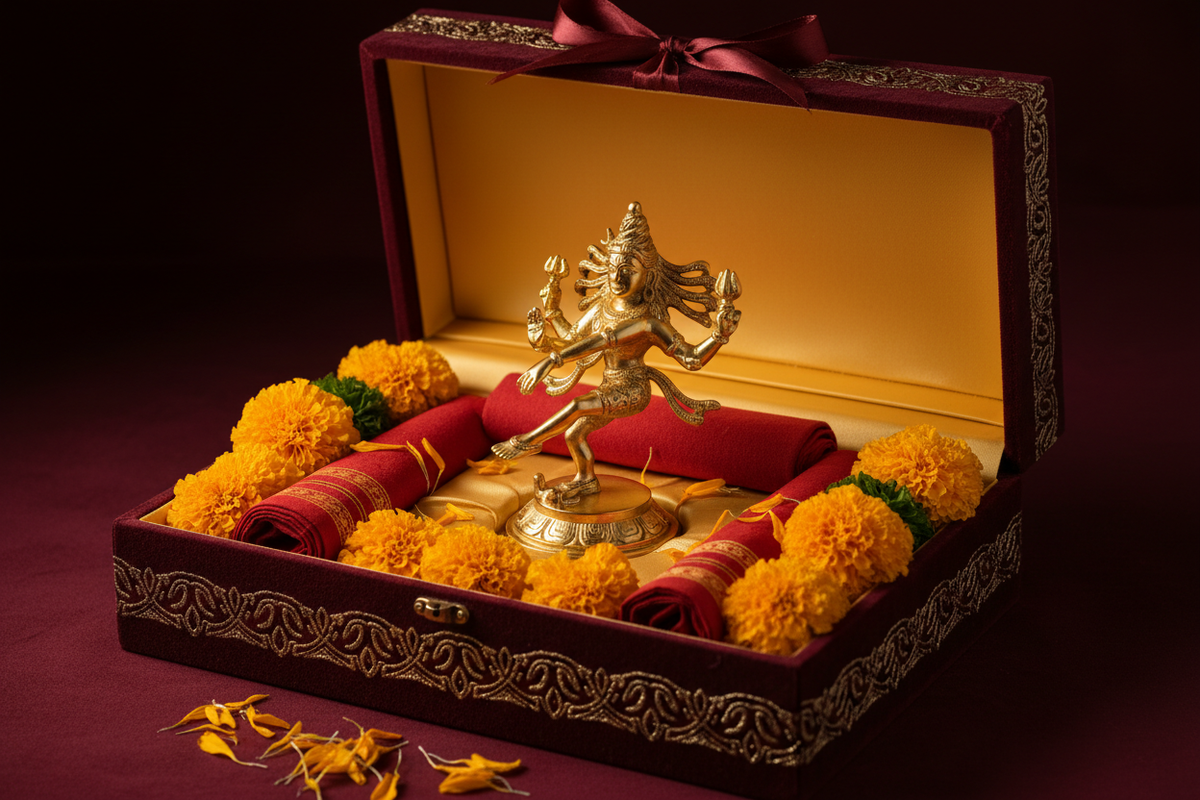 Lord Shiva Nataraja idol presented as a sacred gift in premium packaging with marigold flowers | Moksha Craft