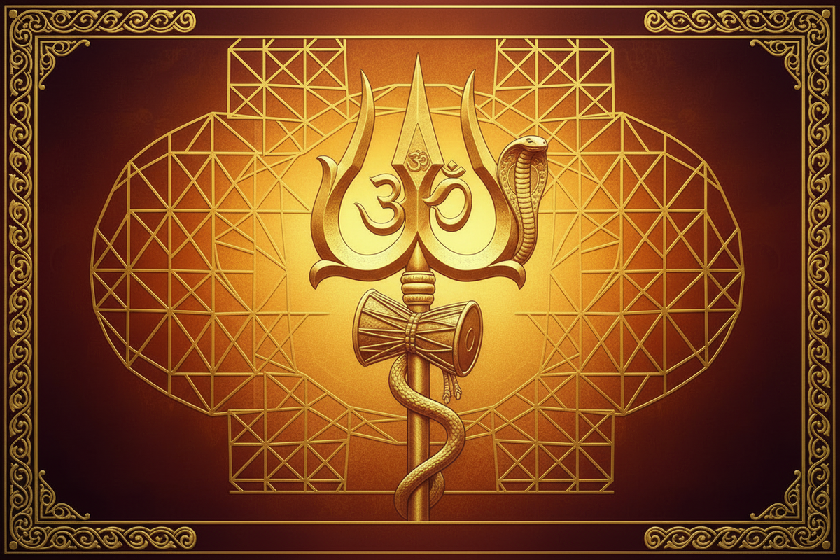 Shiva Trishul in 24K gold sacred art — three-pronged trident with damaru and serpent | Moksha Craft