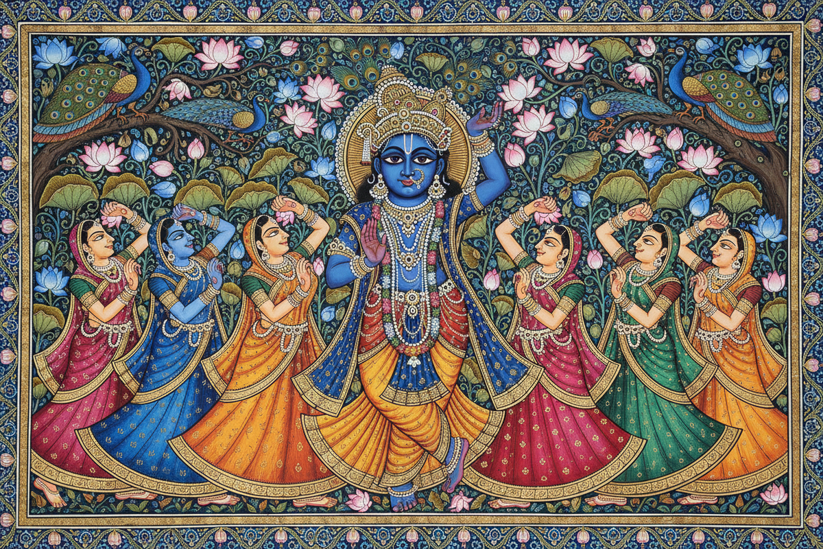 Shrinathji Ras Lila in traditional Pichwai painting style — Lord Krishna's divine dance | Moksha Craft