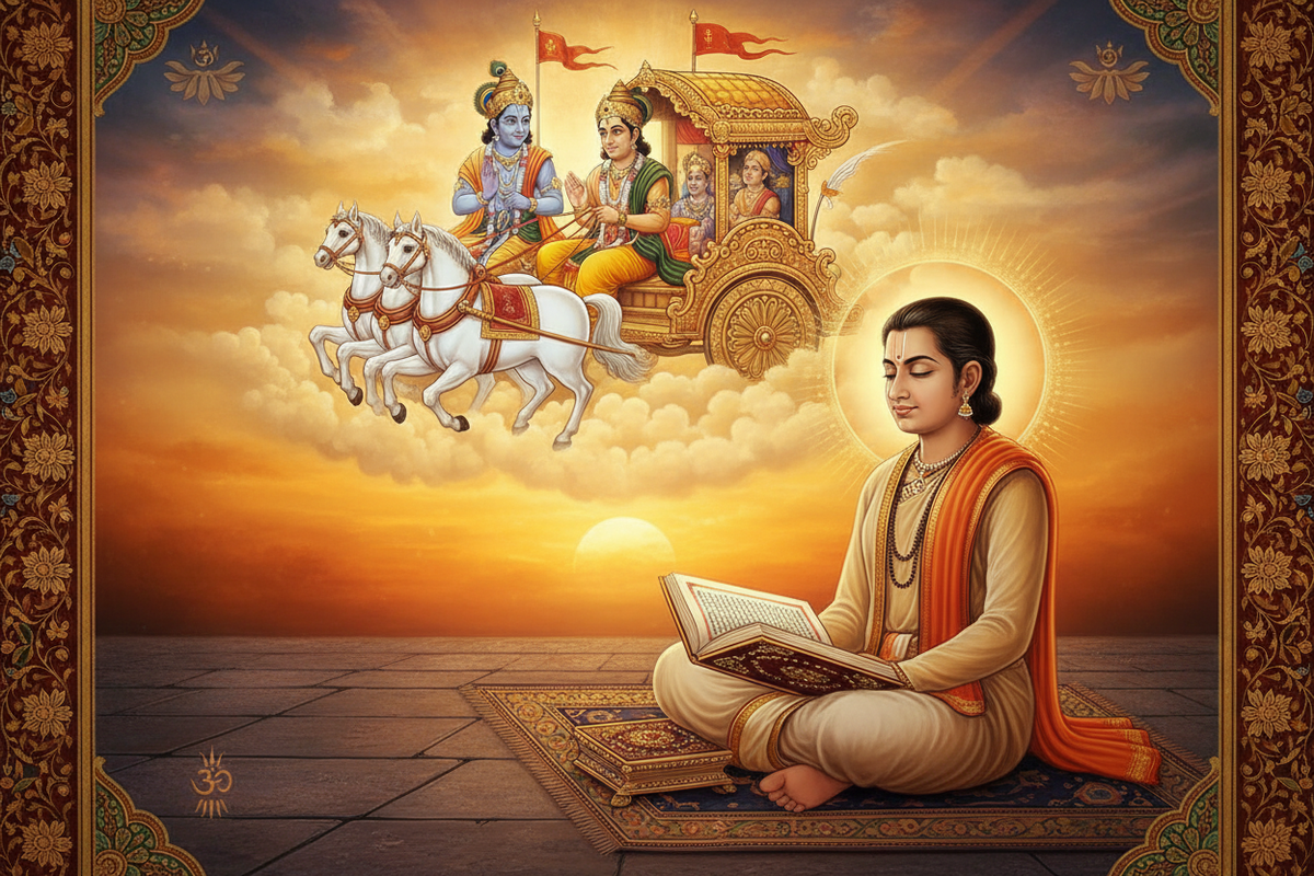Srimad Bhagavad Gita devotional reading — bhakti yoga and self-discovery through Krishna's teachings | Moksha Craft