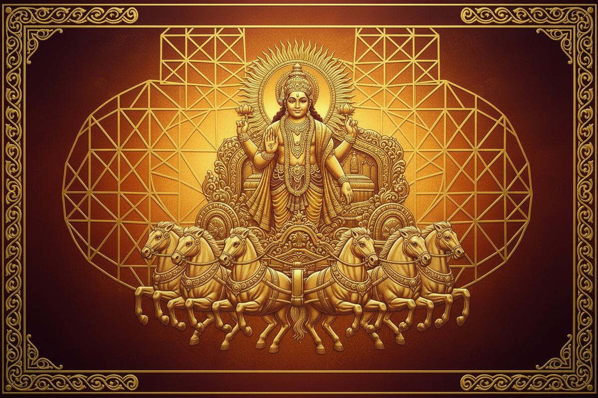 Surya Bhagwan Hindu Sun God in 24K gold sacred art — standing in chariot with seven horses | Moksha Craft