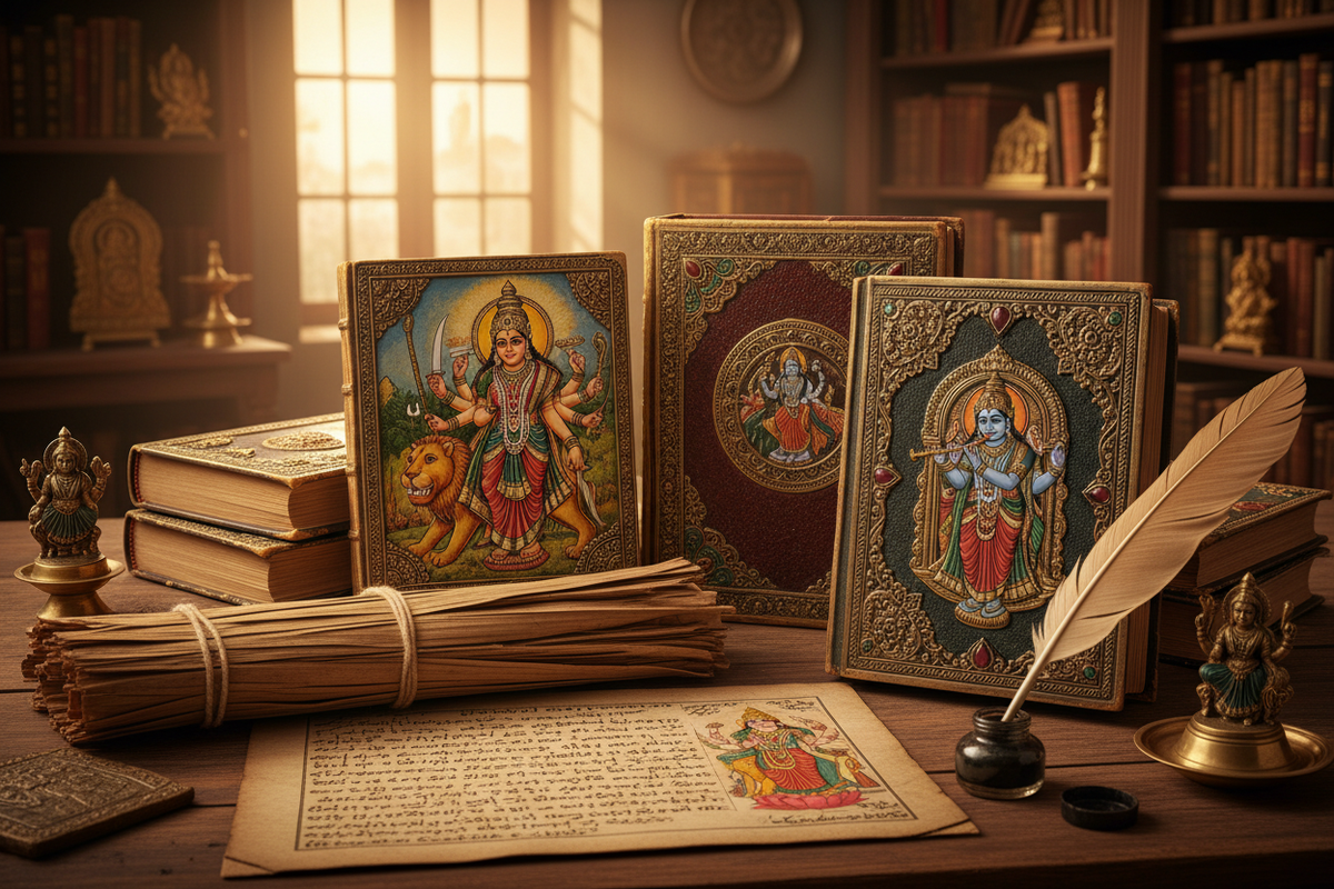 Telugu literature — sacred texts and palm leaf manuscripts with Goddess Durga and Krishna illustrations | Moksha Craft