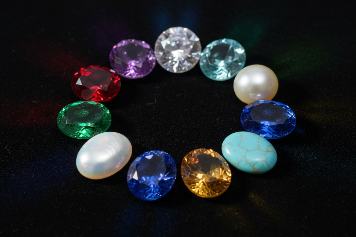 Twelve birthstone gemstones arranged by month — garnet to turquoise | Moksha Craft