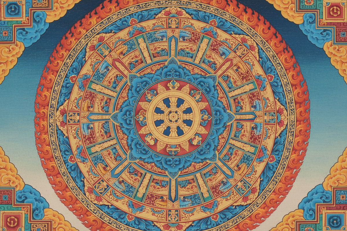 Vajrayana Buddhist mandala sacred art — Tibetan thangka style with dharma wheel and lotus | Moksha Craft