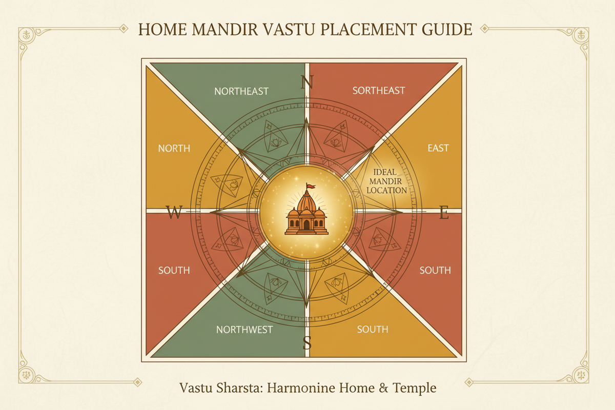 Vastu Shastra floor plan diagram showing the eight directions with Northeast highlighted in gold as the ideal home mandir placement