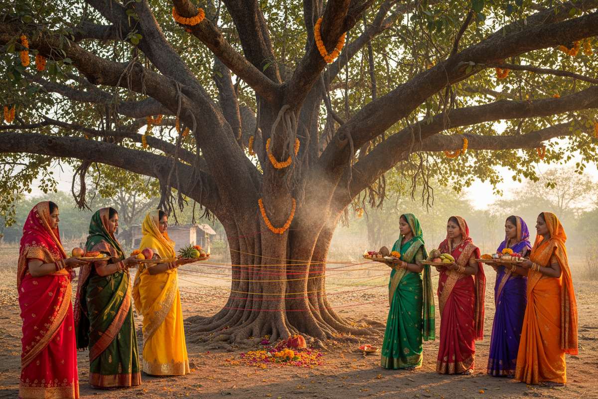 Vat Savitri Vrat — married women tying sacred thread around banyan tree for husband's long life | Moksha Craft
