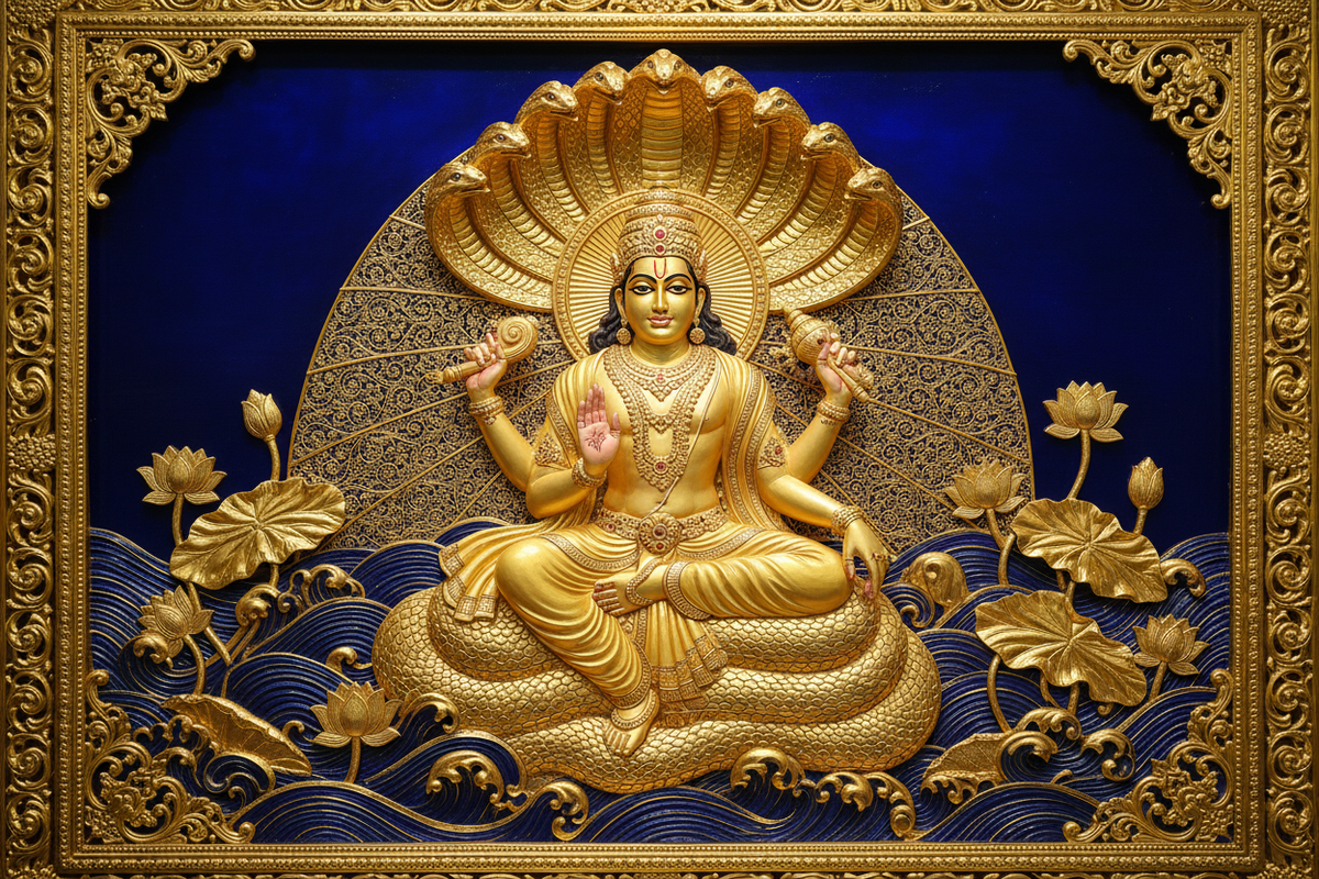 Lord Vishnu in 24K gold relief art style — Moksha Craft Sacred Knowledge Series