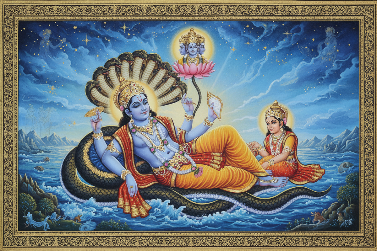 Vishnu Purana — Lord Vishnu reclining on Shesha with Brahma emerging from lotus | Moksha Craft