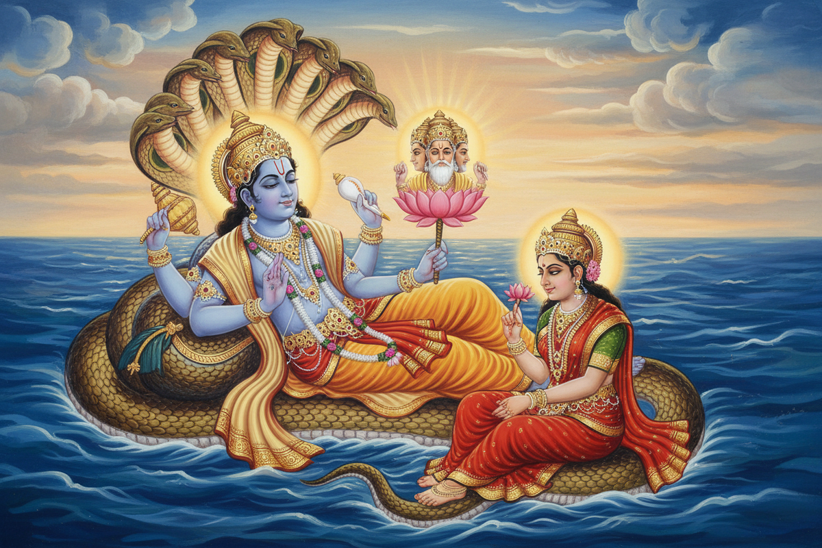 Vishnu Sahasranamam — Lord Vishnu reclining on Shesha serpent in cosmic ocean | Moksha Craft