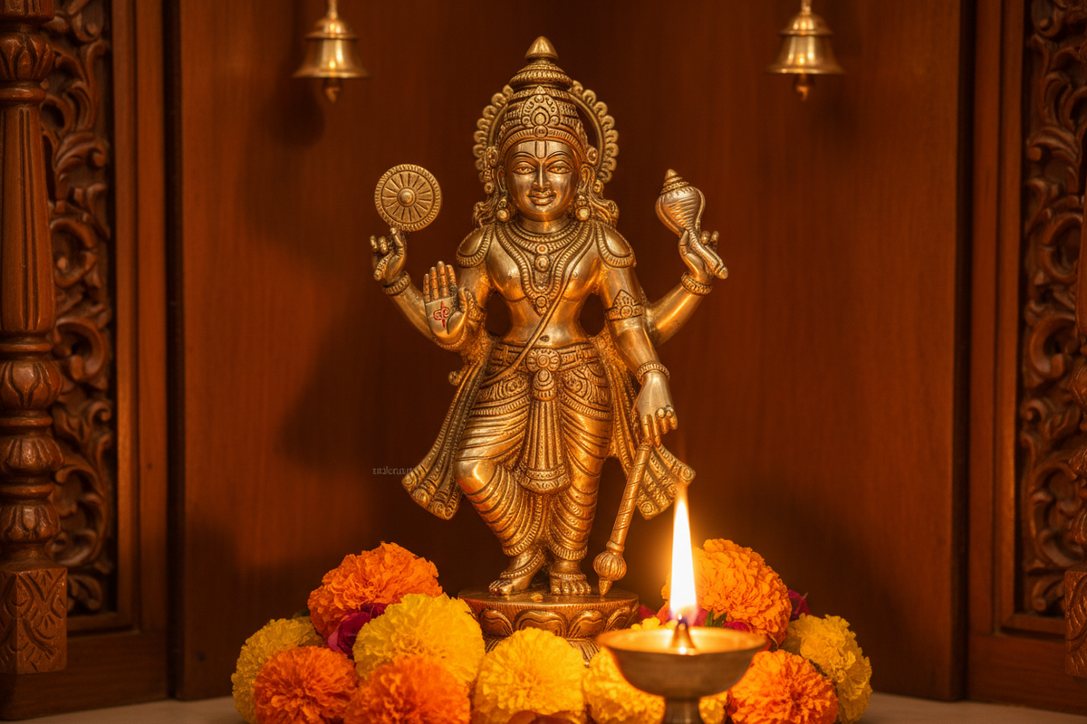Vishnu statue at home — brass Chaturbhuja Vishnu in northeast corner of home mandir | Moksha Craft