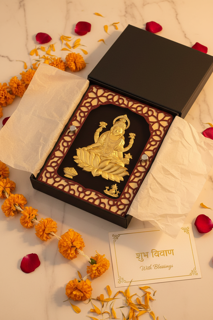 Luxury Indian wedding return gift unboxing: Ganesha 24K gold foil painting in gold frame unwrapped from premium ivory tissue paper in dark gift box surrounded by marigold petals and small wedding blessing card on marble surface