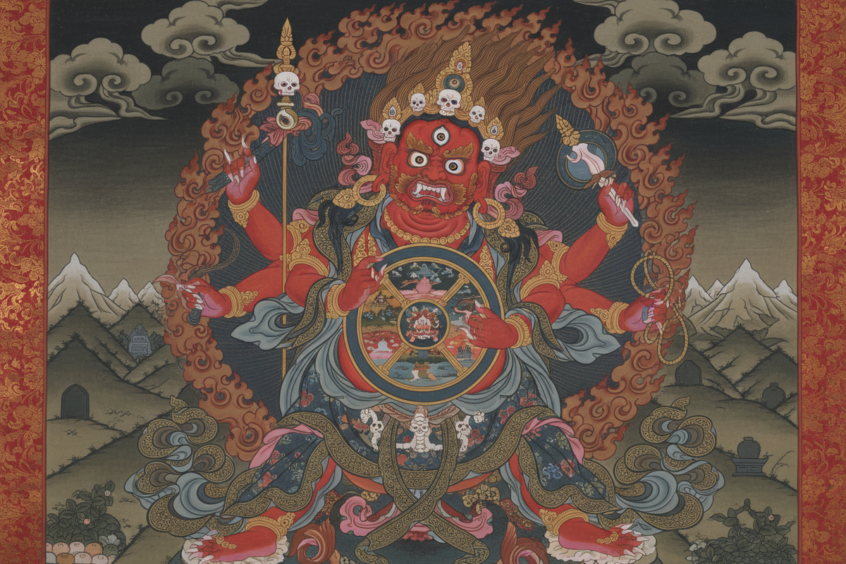 Wrathful Yama — fierce Buddhist deity holding the Wheel of Life, Tibetan Thangka art | Moksha Craft