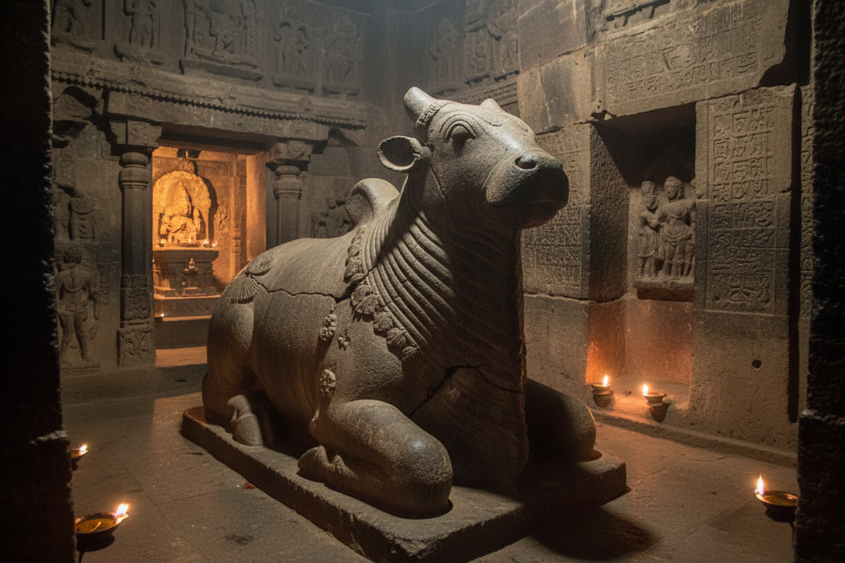 Yaganti temple growing Nandi mystery — ancient stone Nandi bull in cave temple, Andhra Pradesh | Moksha Craft