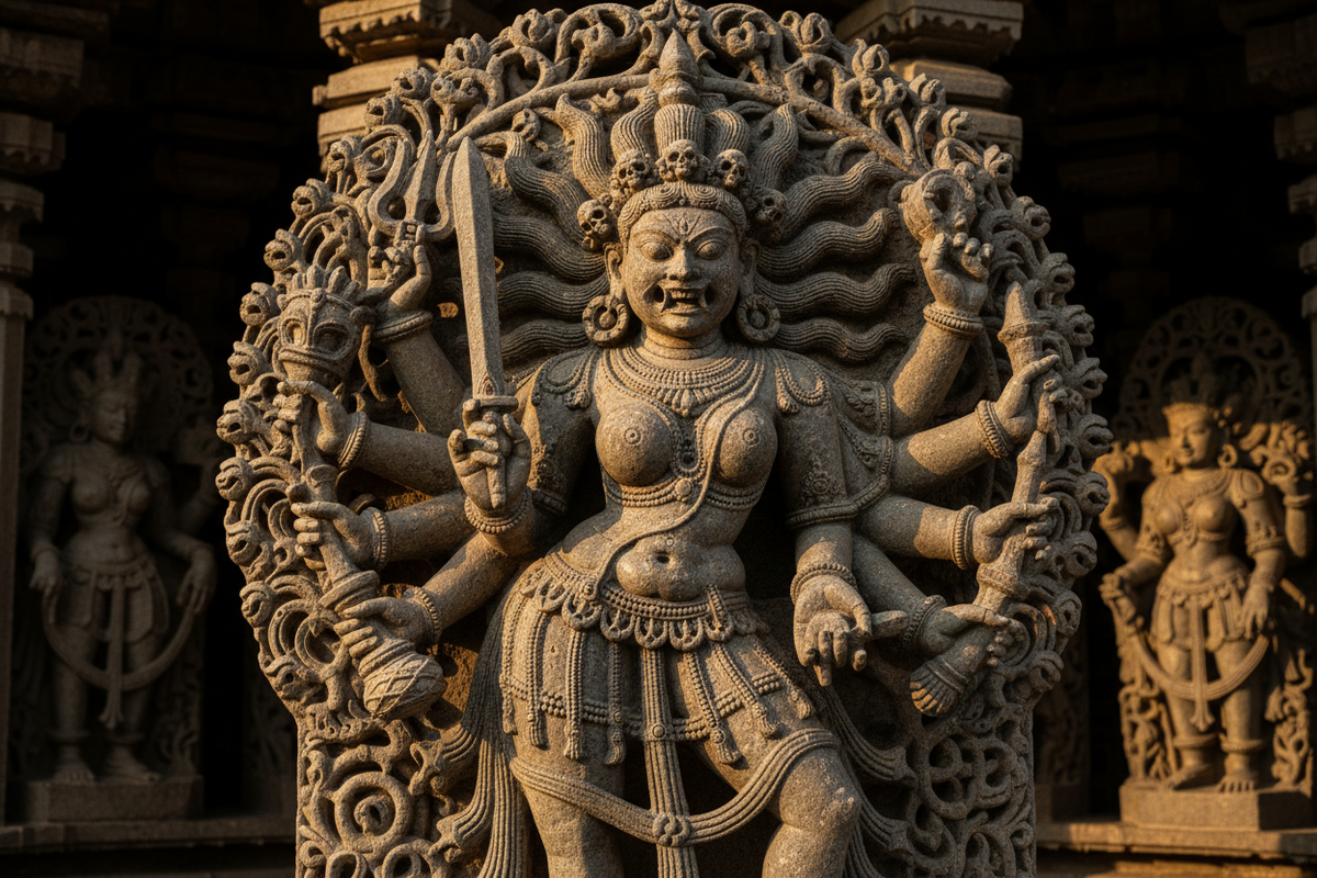 Yogini goddess stone sculpture — fierce multi-armed tantric goddess in medieval Indian temple carving | Moksha Craft