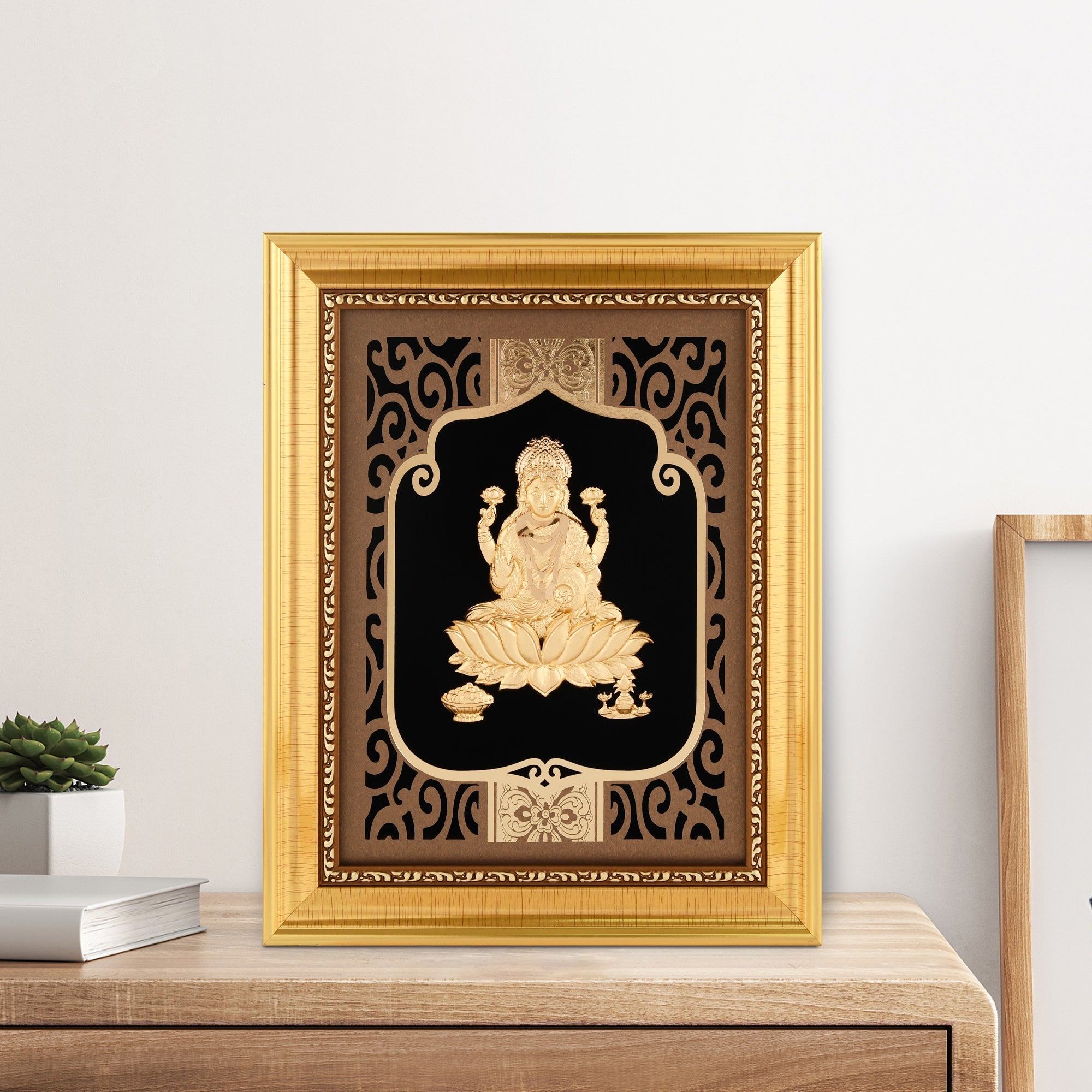 Lakshmi 24K Gold Foil Painting with Shiny Gold Versatile Frame, 8x10 Inches