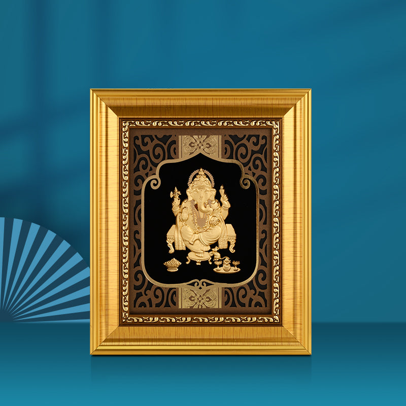 Ganesha 24K Gold Foil Painting with Shiny Gold Versatile Frame, 6x7 Inches