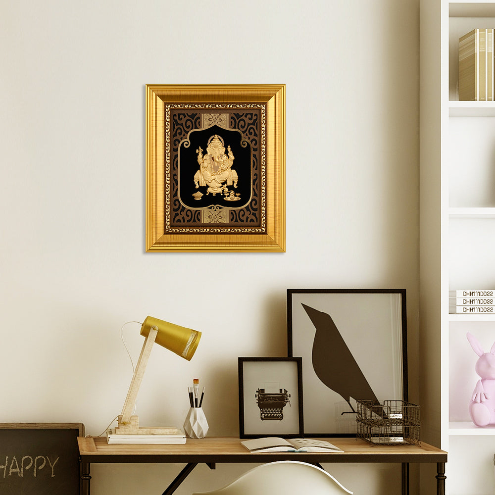 Ganesha 24K Gold Foil Painting with Shiny Gold Versatile Frame, 6x7 Inches